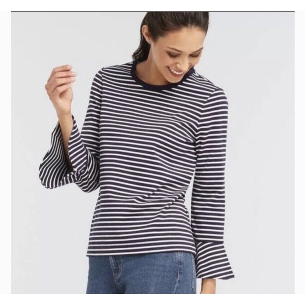 Draper James Sadler Navy White Stripe Bell Long Sleeve top X Small XS